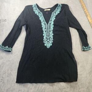 Sulu Sz 8 Black Turquoise Ornate Intricate Embroidered‎ Statement Sleeve Tunic